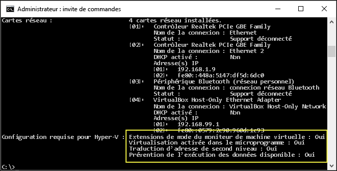 Capture de l’écran d’invite de commandes Administrateur avec un focus sur la sortie de la section relative à la configuration requise pour Hyper-V.