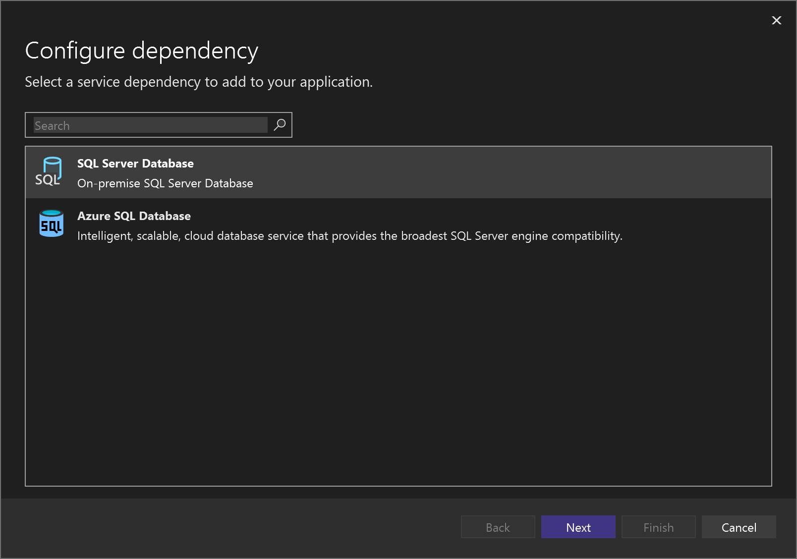 Capture d’écran montrant les options présentées pour remplacer le service SQL LocalDB par une connexion de base de données réelle.