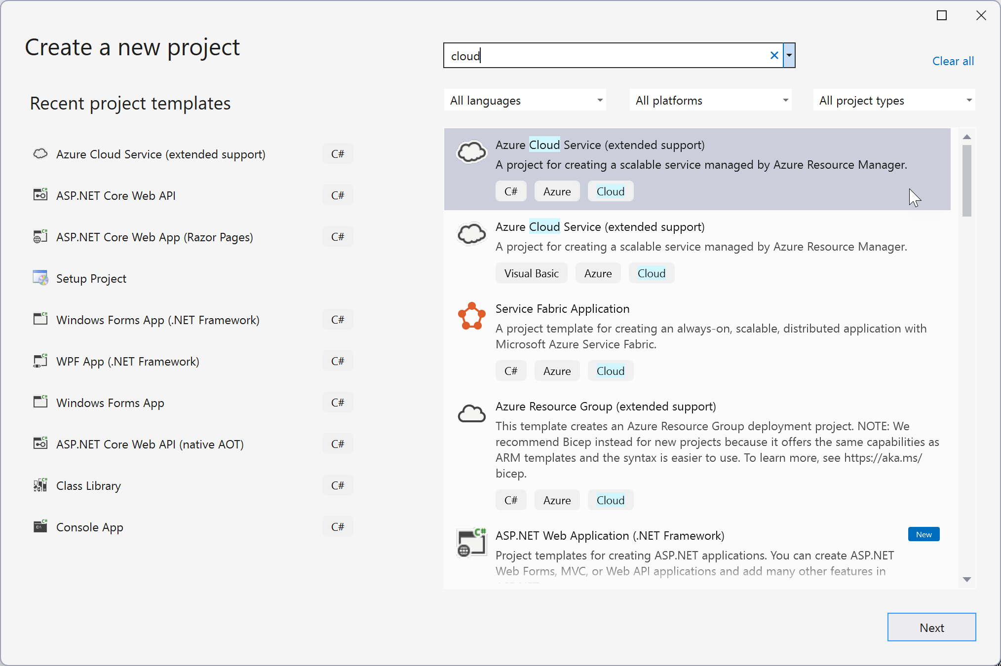 Capture d’écran montrant comment créer un nouveau projet Azure Cloud Services (support étendu).