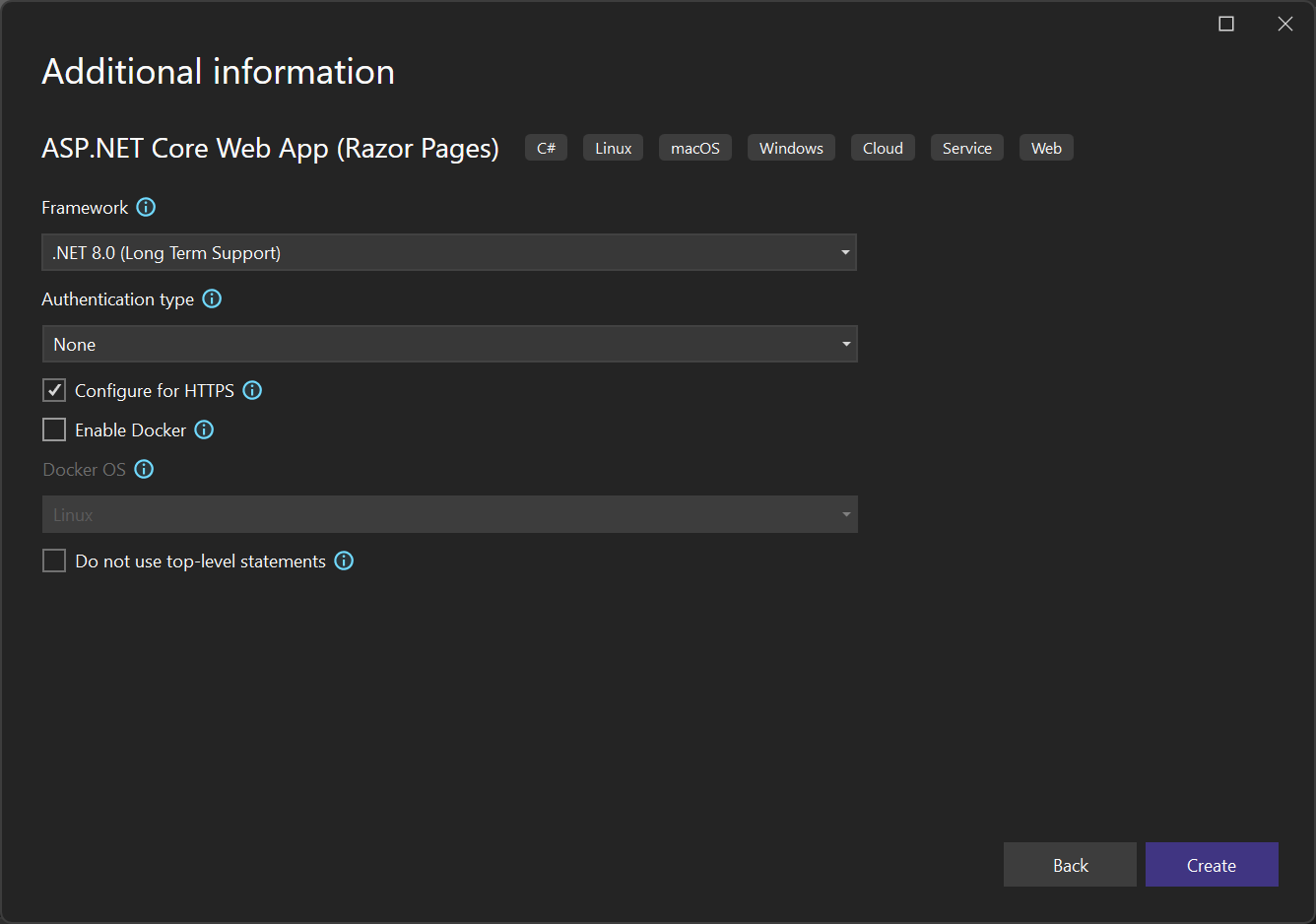 Screenshot of the Additional information screen when creating a web project. The option to Enable Docker Support is not selected.