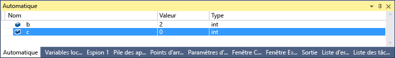 Capture d’écran de la fenêtre Autos, avec la valeur c définie sur 0.