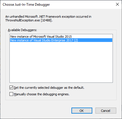 Capture d’écran de la boîte de dialogue Choisir le débogueur juste-à-temps, qui s’affiche une fois l’exception affichée dans la fenêtre de console ThrowsNullException.exe.