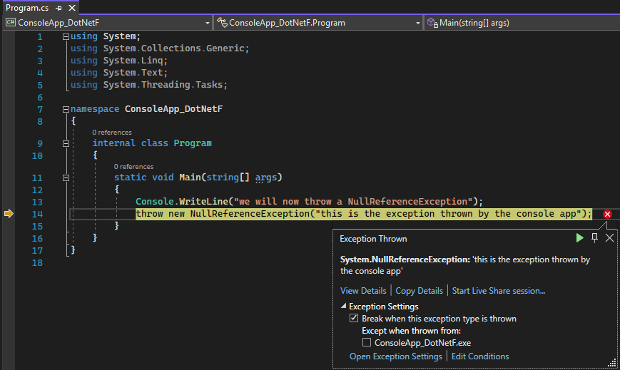 Capture d’écran du projet ThrowsNullException dans Visual Studio, avec mise en évidence de la ligne de code source qui a levé l’exception.