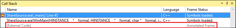 Capture d’écran d’External Code dans la fenêtre Pile des appels.