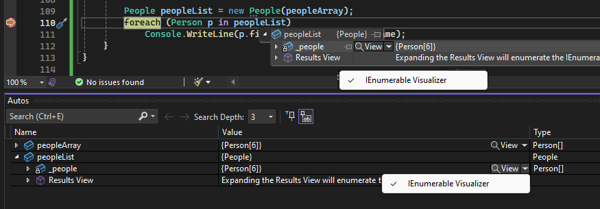 Capture d’écran de l'option Ouvrir un visualiseur IEnumerable.