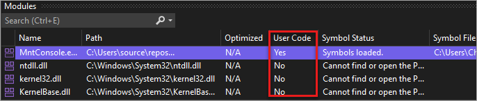 Capture d’écran du code utilisateur dans la fenêtre Modules.