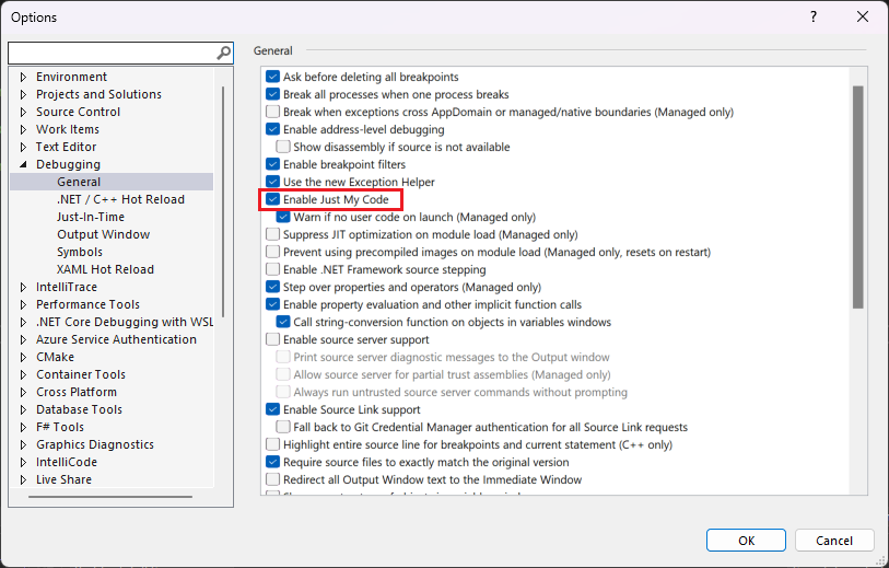 Capture d’écran de l’option Activer Uniquement mon code dans la boîte de dialogue Options.