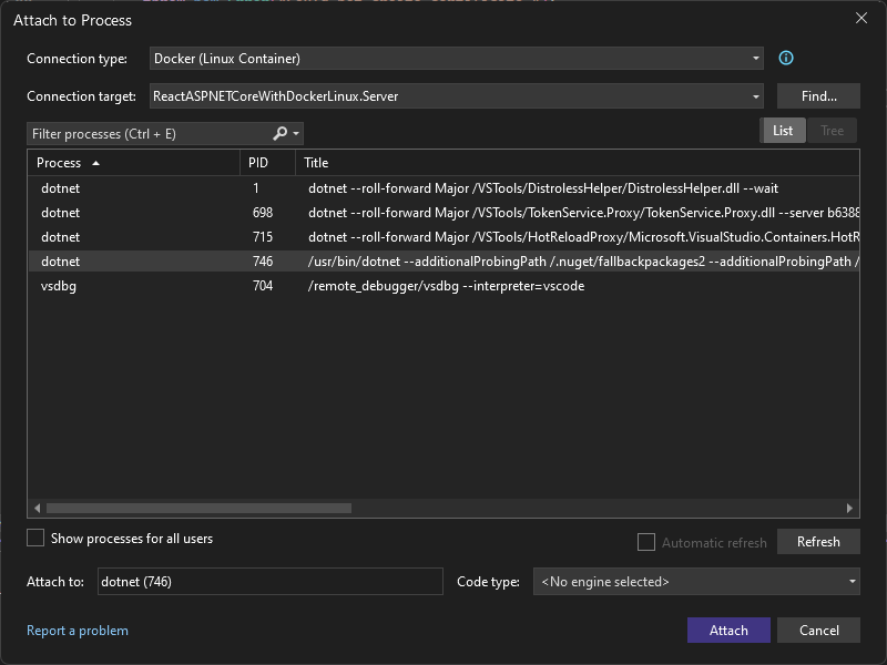 Capture d’écran de la boîte de dialogue Attacher au processus dans Visual Studio. Le type de connexion est défini sur Docker (conteneur Linux) et le processus dotnet est sélectionné.