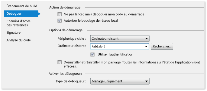 Propriétés du projet géré pour le débogage à distance