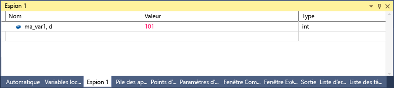 Screenshot of the Visual Studio Watch window with one line that shows my_var1, d with a value of 101 and a type of int.