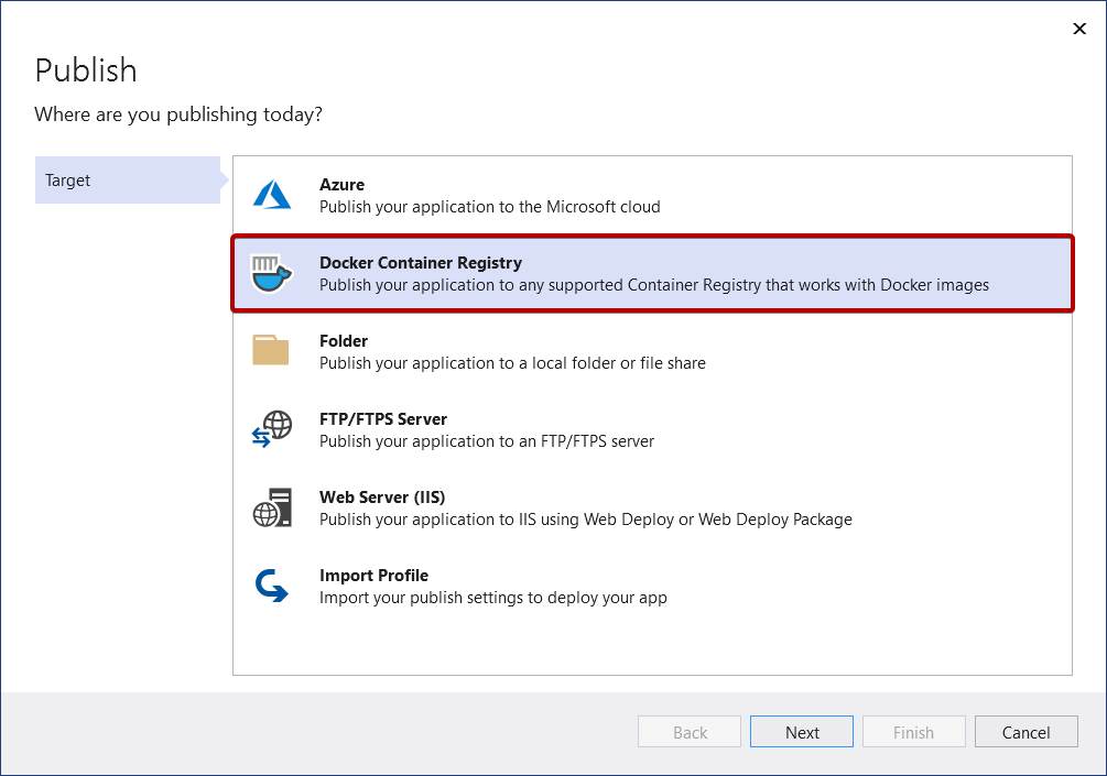 Capture d'écran montrant l'assistant de publication, avec Publish to Docker Container Registry en surbrillance.