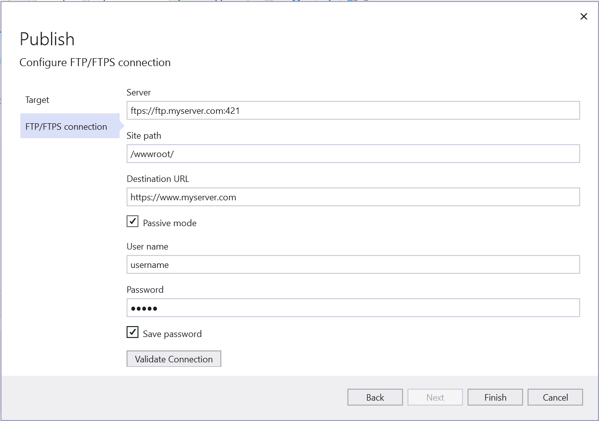 Capture d'écran montrant l'écran de l'assistant de publication pour publier sur un serveur FTP ou FTPS.