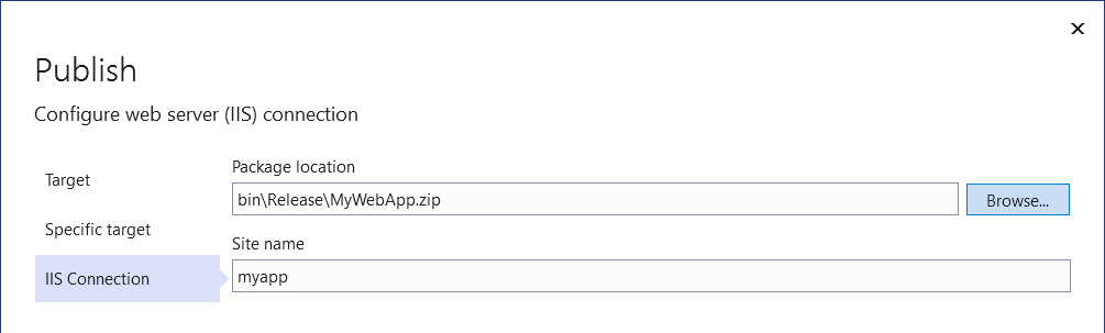 Capture d'écran montrant l'écran de l'assistant de publication pour publier vers IIS avec l'option Web Deploy Package.