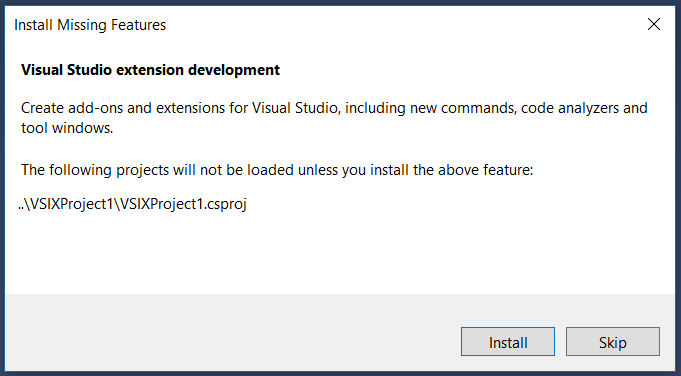 Capture d’écran montrant la boîte de dialogue de Visual Studio pour installer la charge de travail de développement d’extensions.