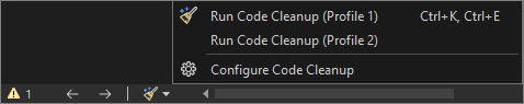 Capture d’écran montrant l’icône et le menu Nettoyage du code dans Visual Studio.