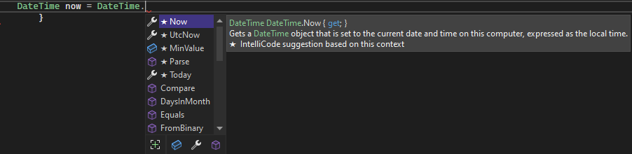 Capture d’écran montrant une liste de membres IntelliSense.