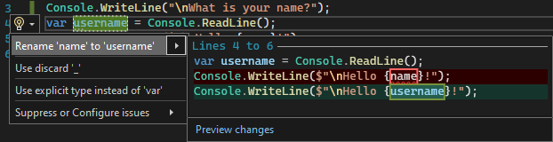 Capture d’écran montrant l’action Renommer dans Visual Studio.