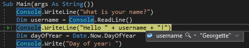 Capture d’écran montrant une valeur de variable pendant le débogage dans Visual Studio.