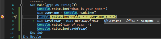 Capture d’écran montrant une valeur de variable pendant le débogage dans Visual Studio.