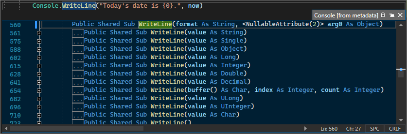 Capture d’écran montrant Faire un Peek de la Définition dans Visual Studio.