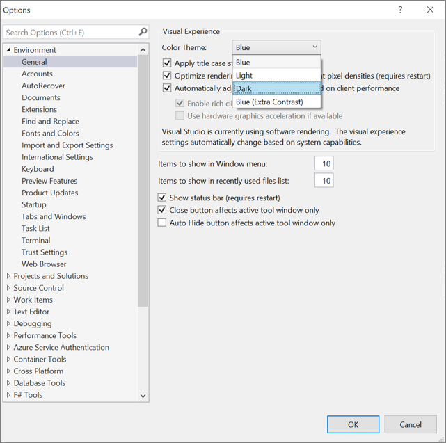 Capture d’écran de la boîte de dialogue Options pour modifier le thème de couleur