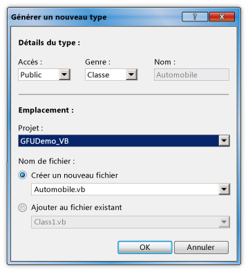 Boîte de dialogue Générer un nouveau type