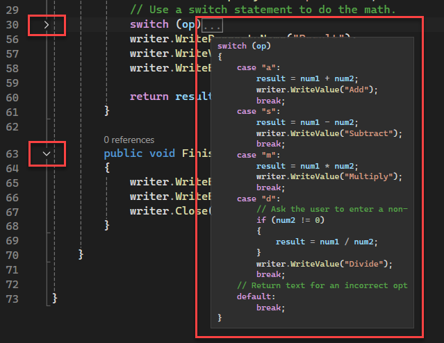 Capture d’écran d’un exemple de code réduit montrant la marge en mode Plan et un exemple de code développé visible à partir d’une info-bulle.