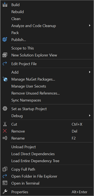 Capture d’écran du menu contextuel du clic droit à partir d’un nœud de solution dans Explorateur de solutions.