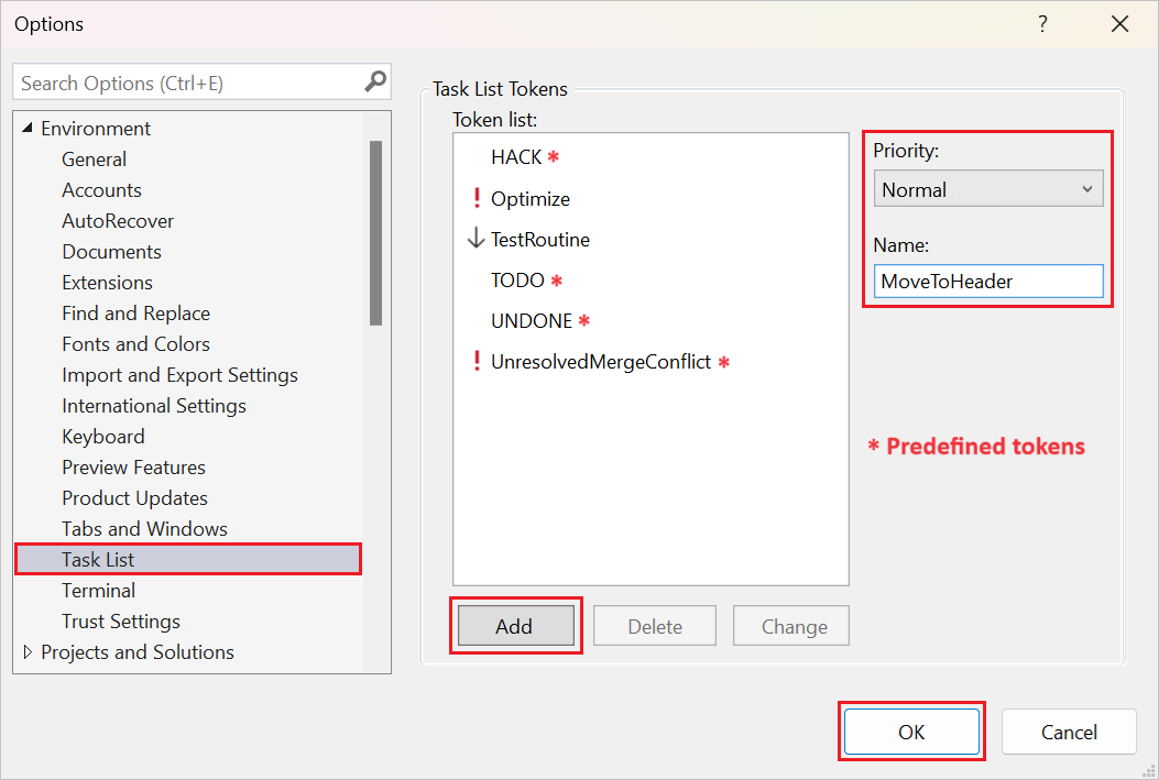 Capture d'écran montrant comment ajouter des jetons pour la liste des tâches dans Visual Studio, y compris des jetons prédéfinis et personnalisés.