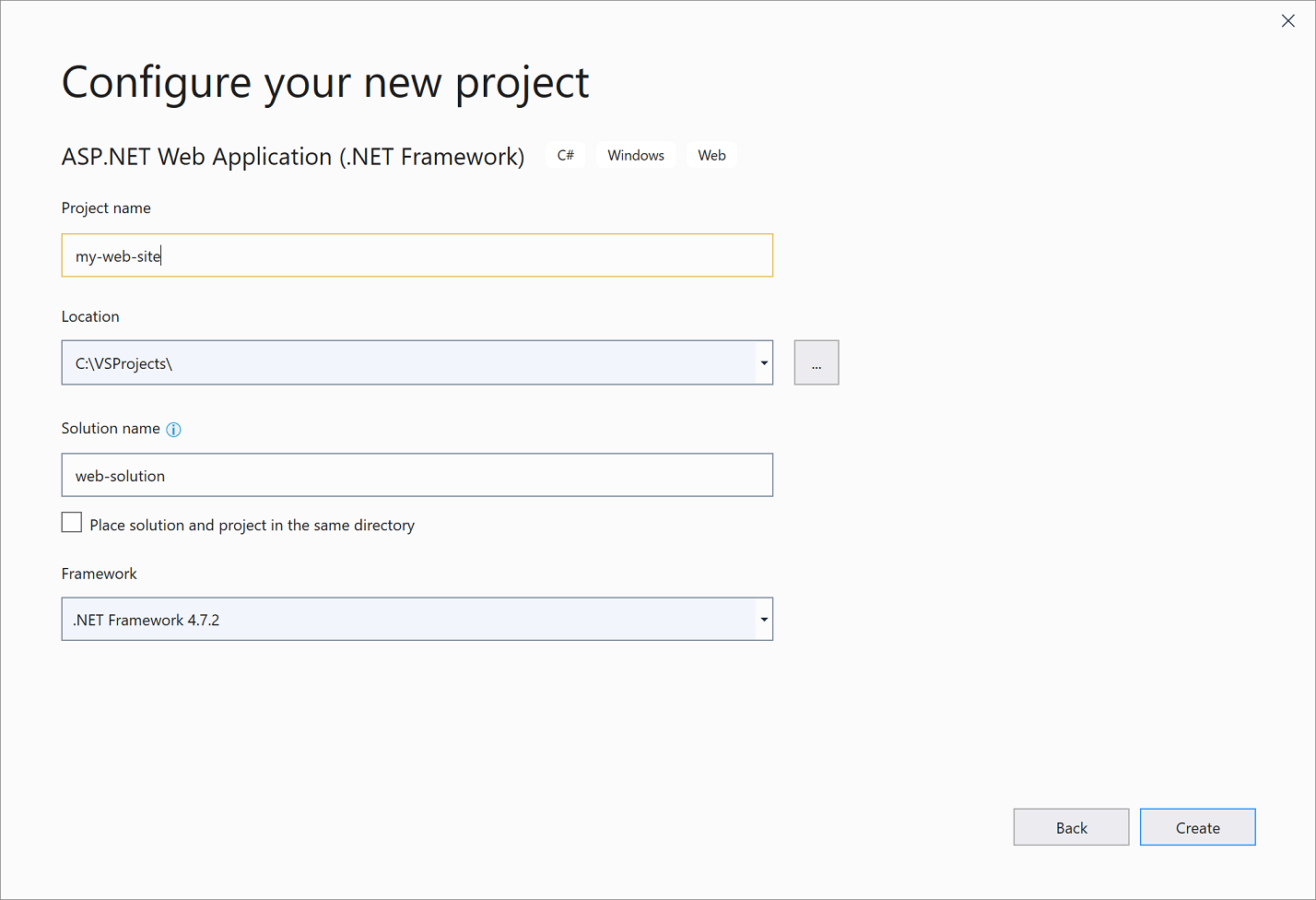 Capture d’écran de la boîte de dialogue « Configurer votre nouveau projet » dans Visual Studio 2019.