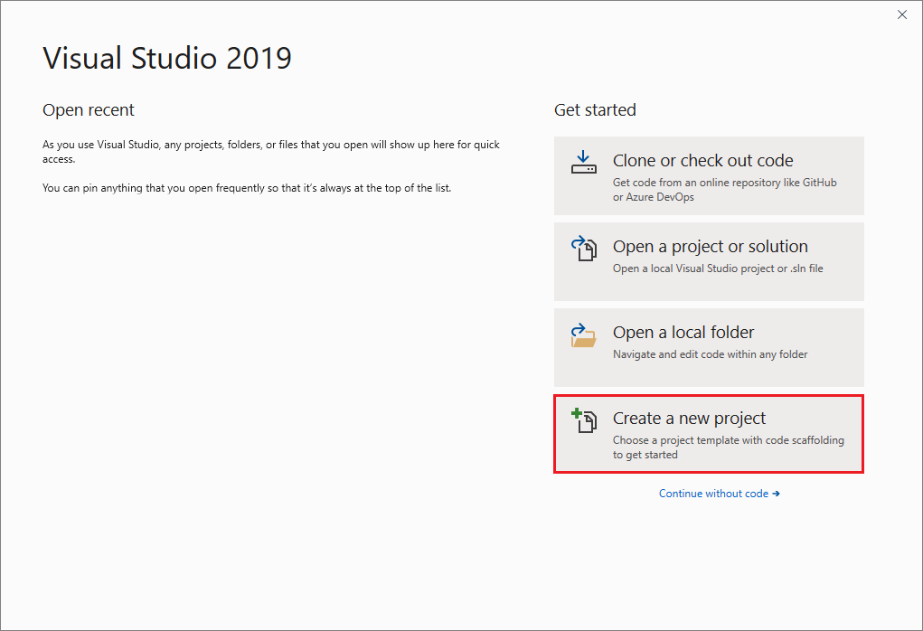 Capture d’écran de la boîte de dialogue « Créer un nouveau projet » à partir de la fenêtre de démarrage de Visual Studio 2019