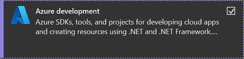 Capture d’écran de la charge de travail de développement Azure sélectionnée dans Visual Studio Installer.