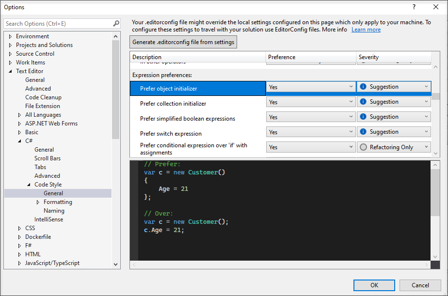 Capture d’écran des options de style de code.