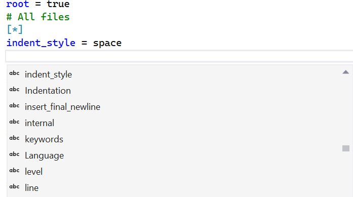 Capture d'écran montrant IntelliSense dans un fichier EditorConfig.