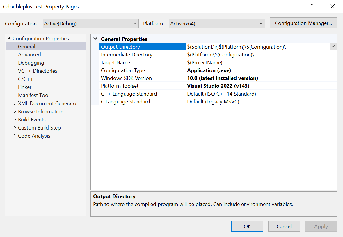 Capture d’écran d’une page de propriétés d’un projet C++.