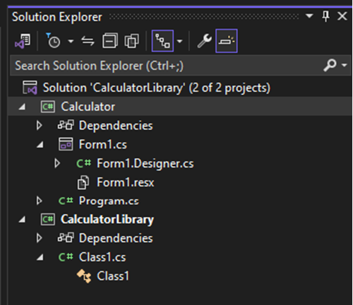 Capture d'écran de deux projets dans l'Explorateur de solutions de Visual Studio.