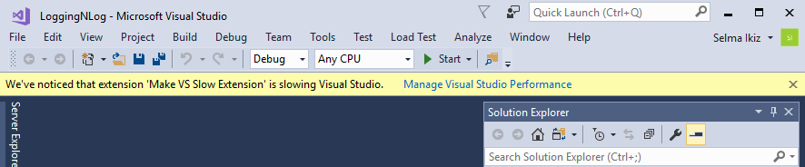 Capture d’écran de la fenêtre contextuelle Gestionnaire de performances indiquant « Nous avons constaté que l’extension... ralentit Visual Studio »