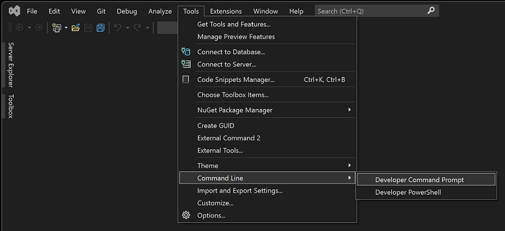 Capture d’écran du menu Ligne de commande dans Visual Studio 2022.