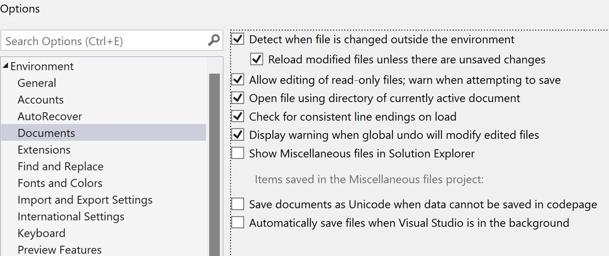 Capture d’écran de la section Documents dans la boîte de dialogue Options