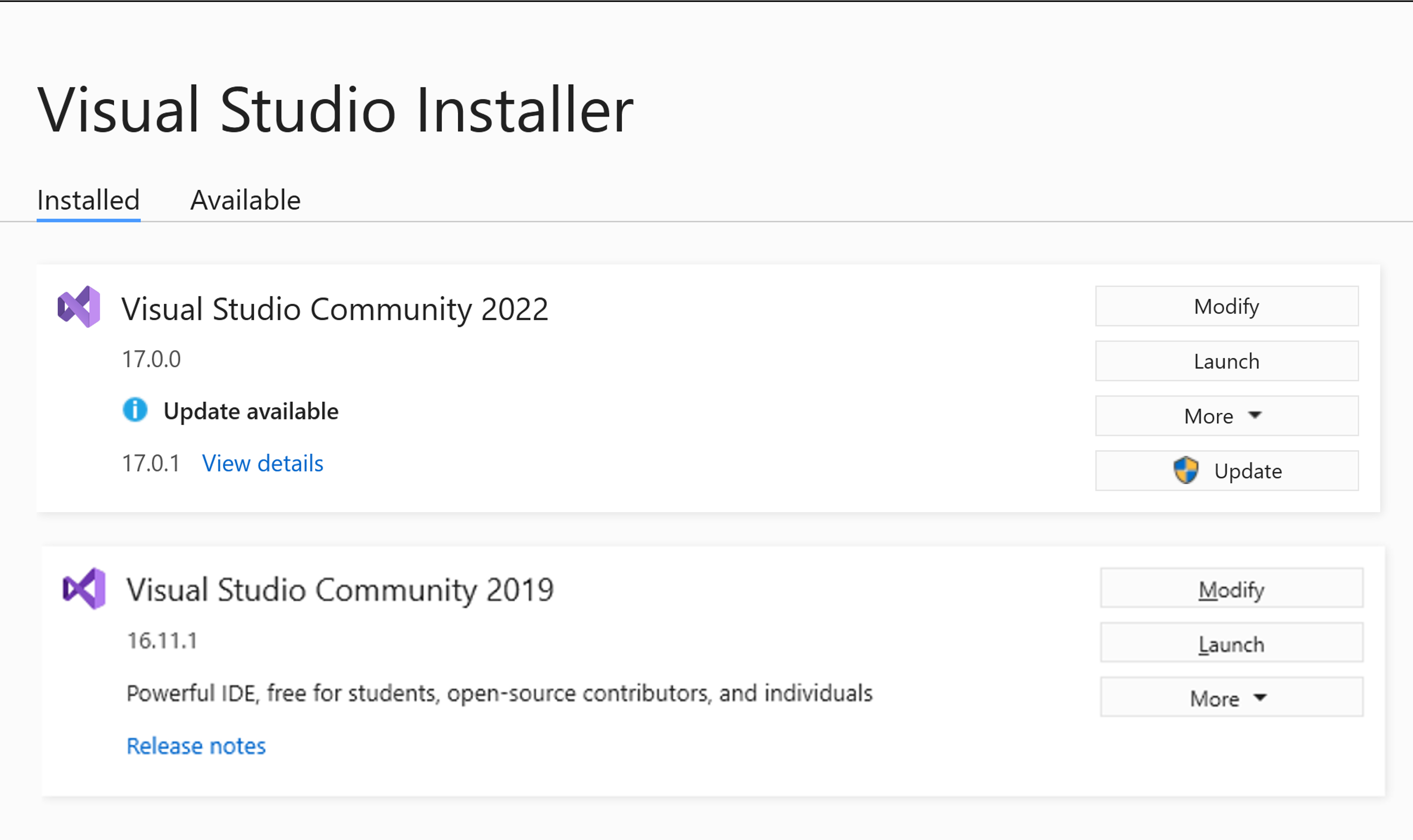 Capture d'écran d'une liste d'installations de Visual Studio dans le programme d'installation de Visual Studio.