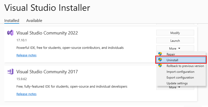 Capture d’écran montrant la version installée de Visual Studio 2022 avec Désinstaller sélectionné dans le menu Plus.