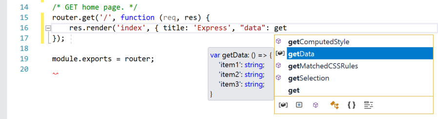 Capture d’écran d’une fenêtre de code Visual Studio avec le mot « get »entré. Les informations IntelliSense s’affichent pour toutes les fonctions commençant par « get ».