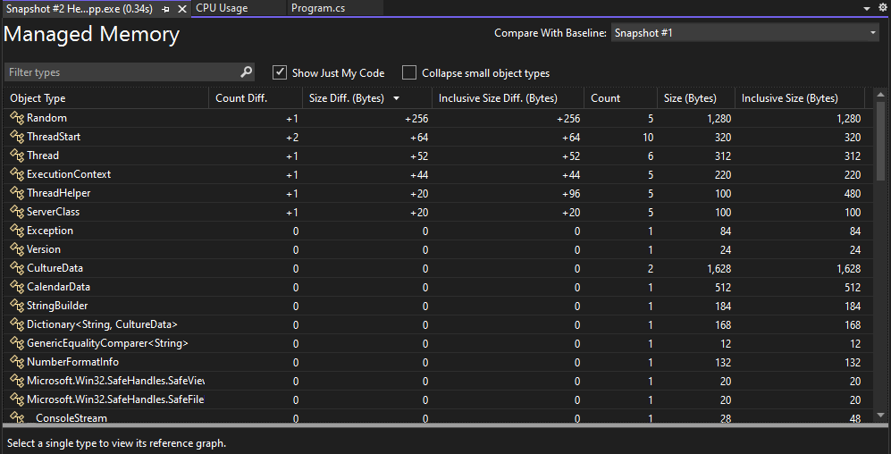 Vue comparative du tas dans les Outils de diagnostic