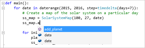 Capture d'écran montrant les compléments de code pour le code Python dans Visual Studio.