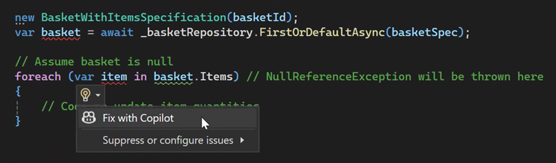 Corriger du code avec GitHub Copilot à partir de l’outil Ampoule