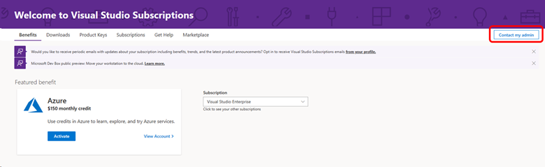 Capture d'écran de la page des avantages dans le portail des abonnements. Le bouton Contacter mon administrateur est en surbrillance.