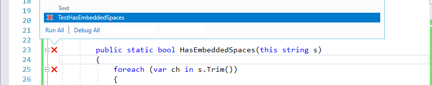 Options de Live Unit Testing pour un test ayant échoué.