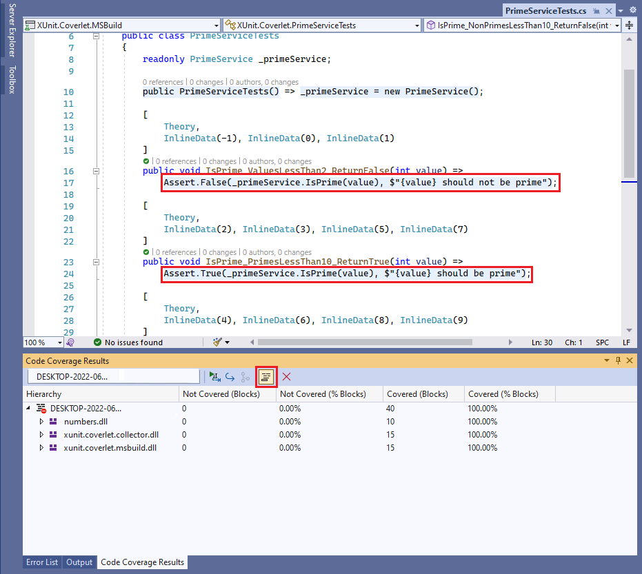 Capture d’écran montrant la couverture du code mise en évidence.