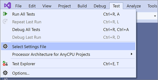 Option de menu Sélectionner le fichier de paramètres des tests dans Visual Studio 2019