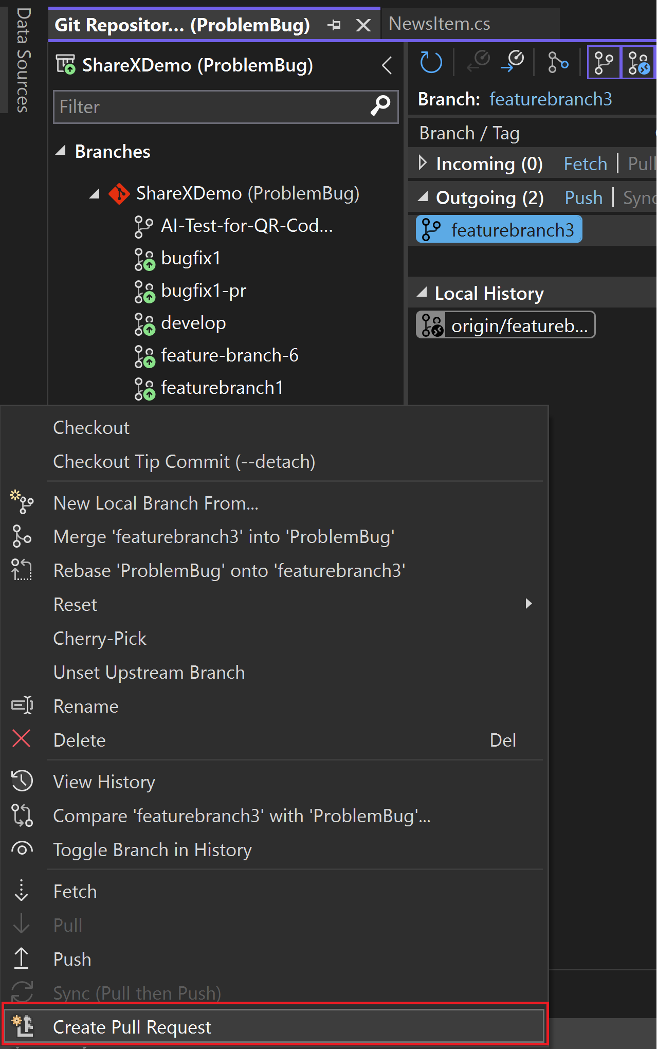 Fenêtre Référentiel Git avec le texte du lien sortant/entrant mis en surbrillance dans Visual Studio 2022.